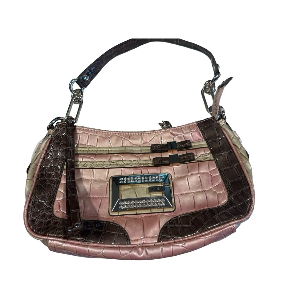 Y2K VTG Guess Pink Brown Faux Snakeskin Guess Mini Shoulder Bag Purse embossed